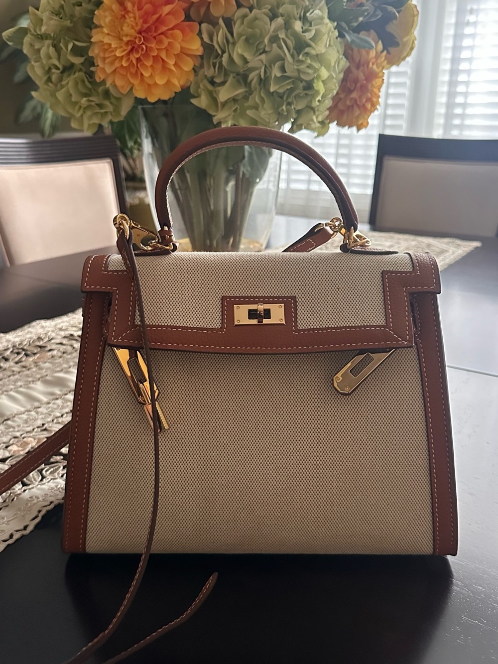 Cream Canvas and Brown Trim Top-Handle bag.New!